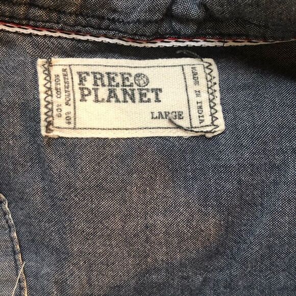 FREE PLANET Shirt, Short Sleeve, Button Down, white with blue pattern size L - Picture 3 of 5